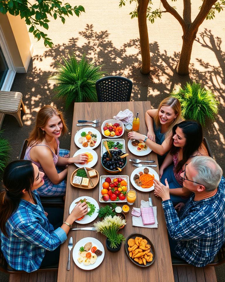 Friends sharing a colorful outdoor brunch table