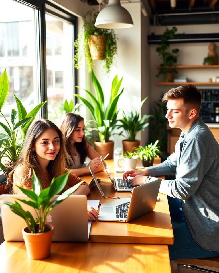 People coworking with laptops in a bright cafe