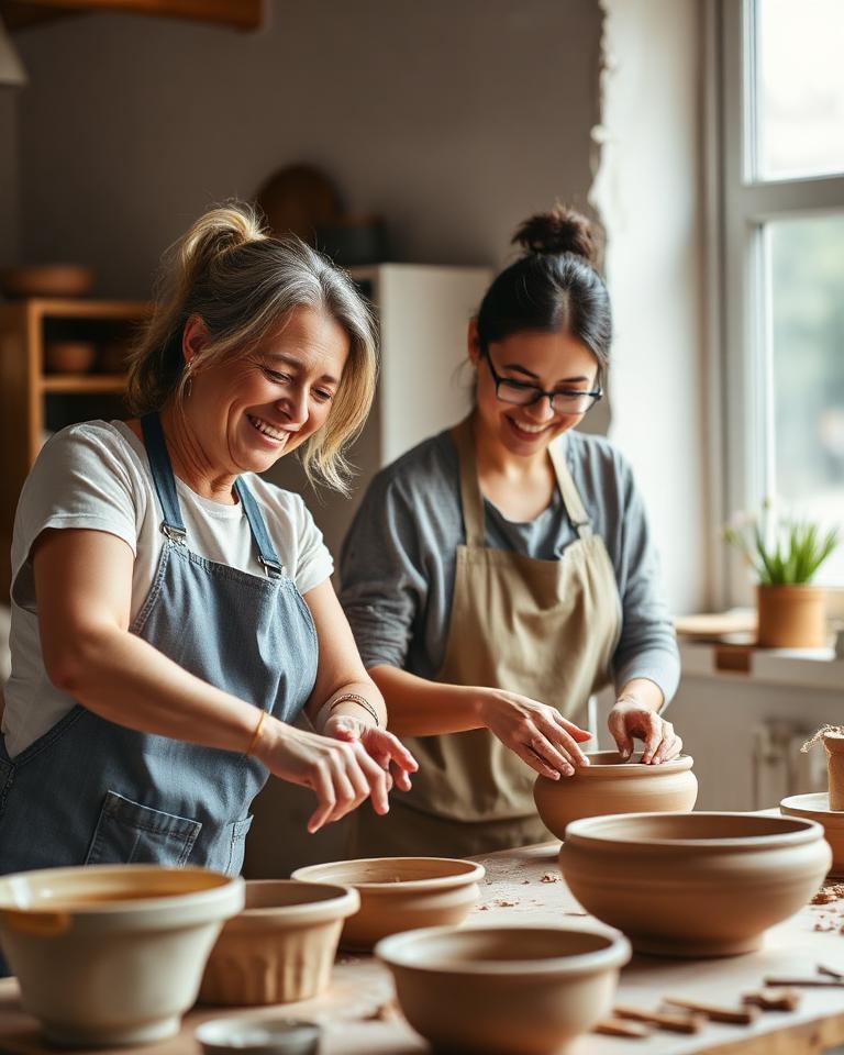 People shaping clay together at a pottery workshop