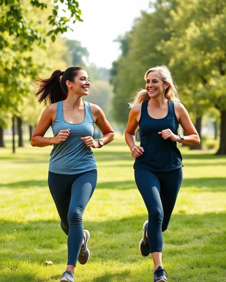 Two women jogging together through a green park