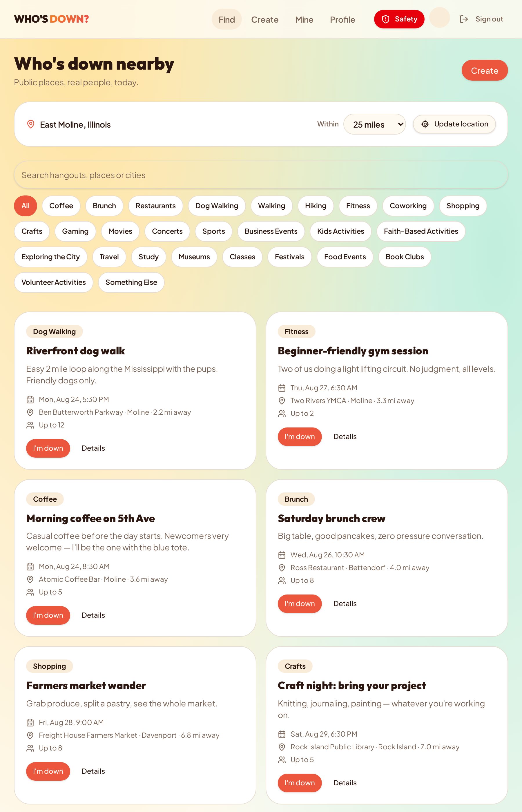 Who's Down? IRL discover feed showing nearby hangouts with categories and distances