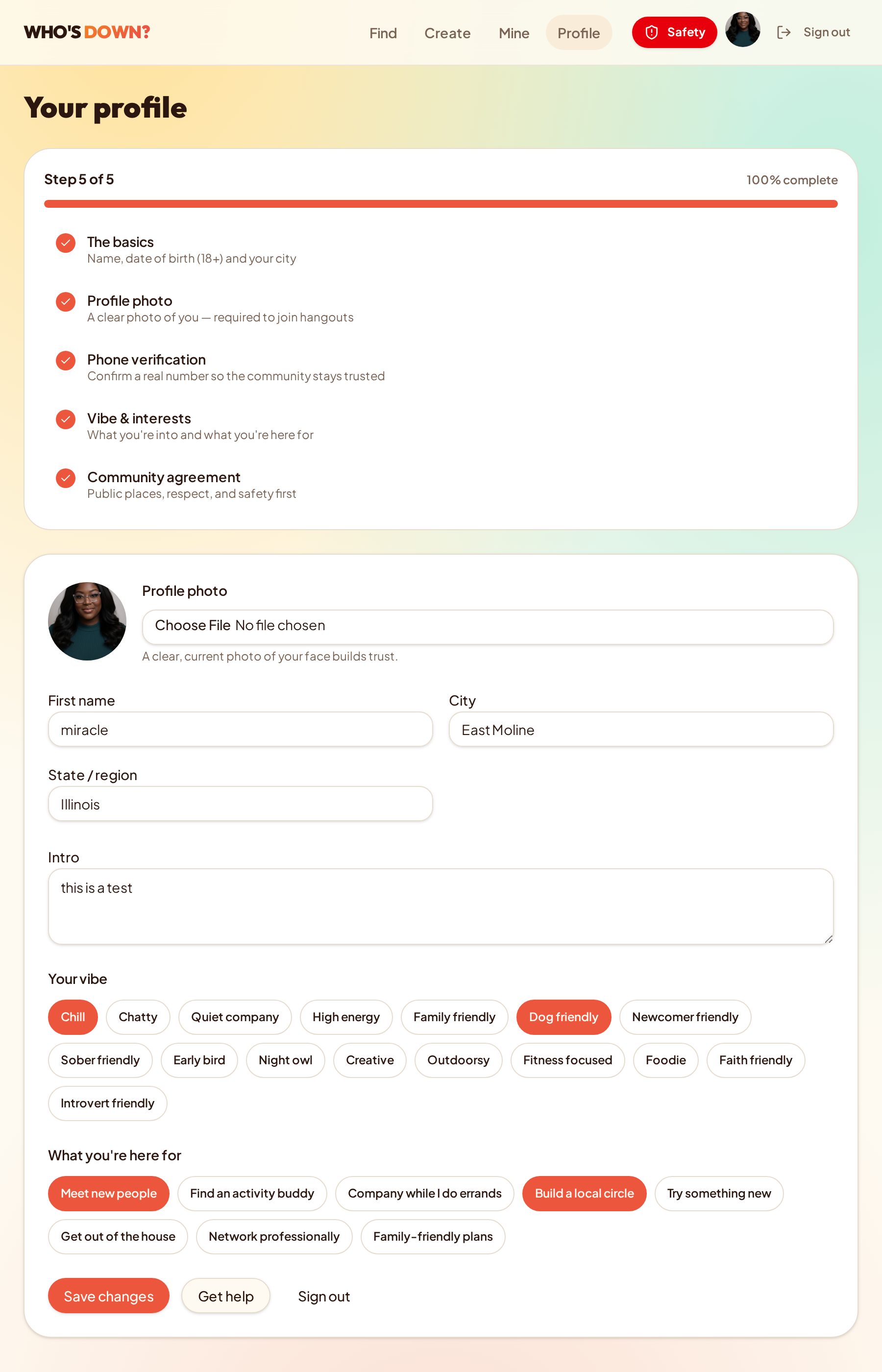 Profile screen with photo, vibes and safety settings